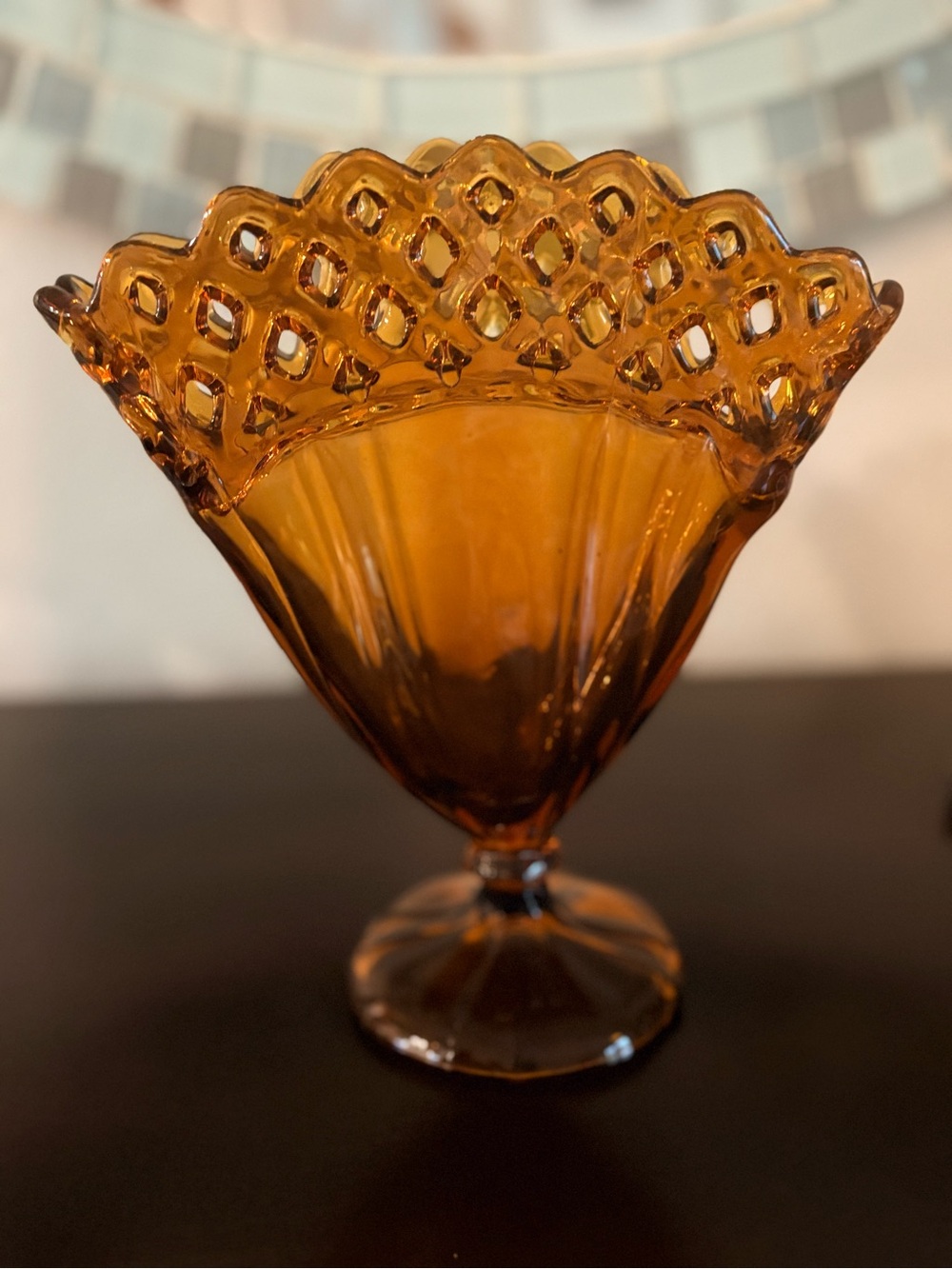 Antique Tiffin #310 Open Work Amber Fan Vase Art Deco 1920s Glass